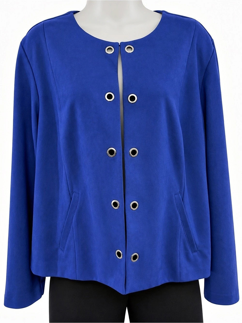 Chico's Faux Suede Grommet Open Front Jacket Blue Size 3